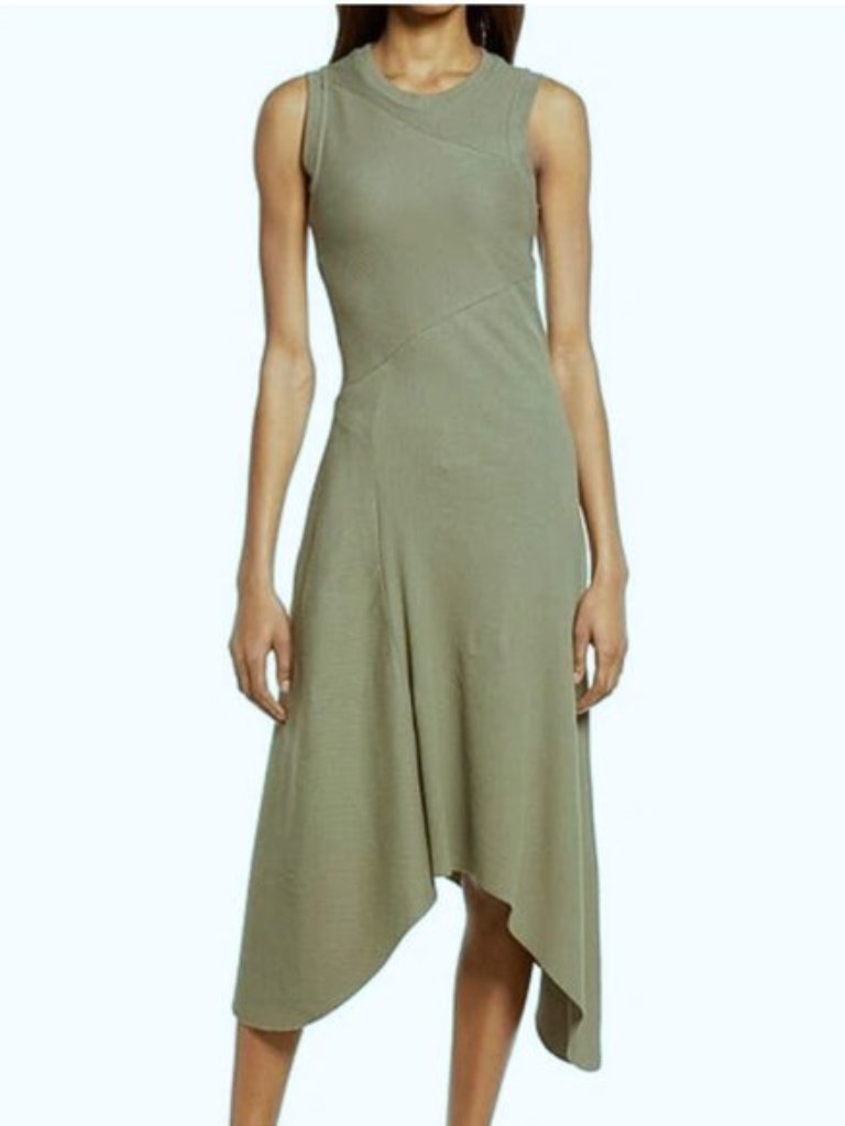Allsaints Gia Sage Matcha Green Ribbed Asymmetric Midi Dress Us Small 6.